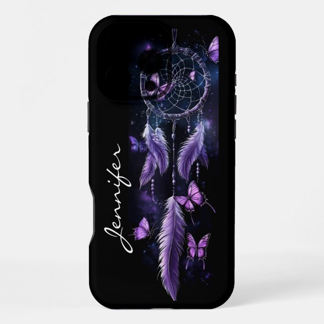 Funda Para iPhone Atrapasueños Boho Plumas Moradas Mariposas  (Reverso )
