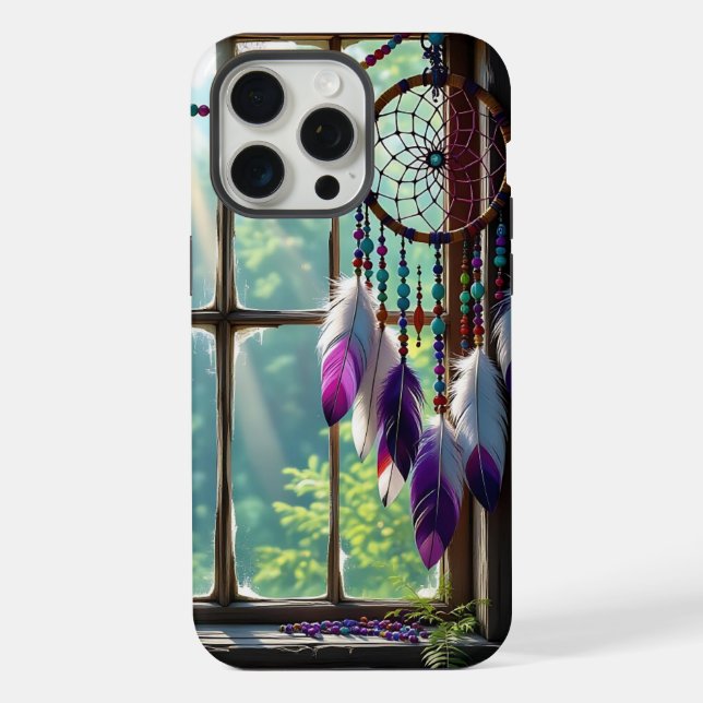 Funda Para iPhone Atrapasueños púrpura boho en ventana (Reverso )
