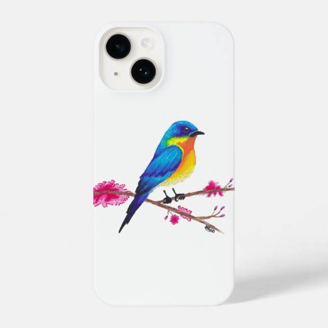 Funda Para iPhone Ave azul y amarilla con dibujos de flores rosadas (Reverso )