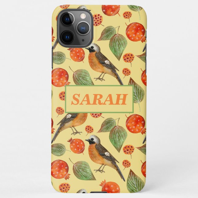 Funda Para iPhone Aves acuarelas naranjas y patrón granado (Reverso)