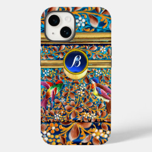 FUNDA PARA iPhone 14 AVES COLORIDAS Y FLORALES REMOLINOS MONOGRAMA DE G