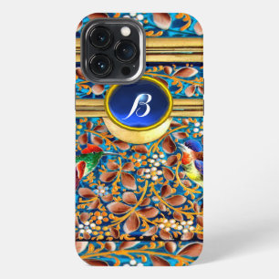 FUNDA PARA iPhone 13 PRO MAX AVES COLORIDAS Y FLORALES REMOLINOS MONOGRAMA DE G