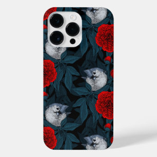Funda Para iPhone 14 Pro Max Aves y flores de peón rojo con hojas azules