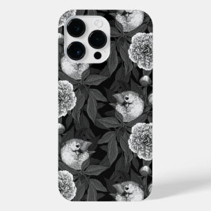Funda Para iPhone 14 Pro Max Aves y flores de peonía monocromas, grises