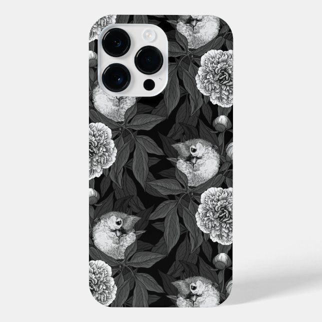 Funda Para iPhone Aves y flores de peonía monocromas, grises (Reverso)