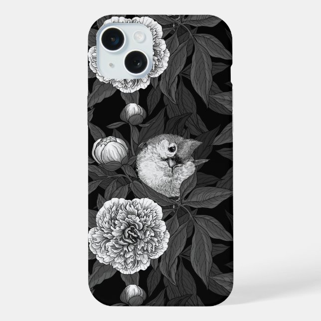 Funda Para iPhone Aves y flores de peonía monocromas, grises (Reverso )