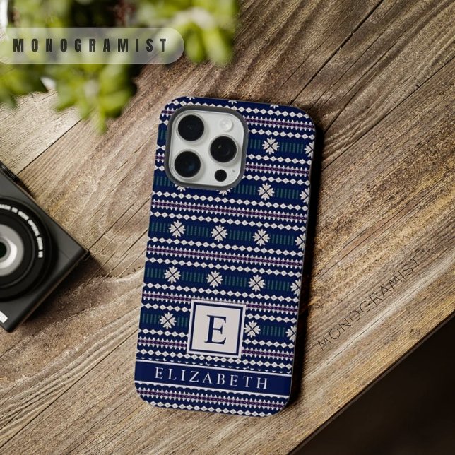 Funda Para iPhone Azteca azul marino blanco gris personalizable (Customizable Dark Navy Blue White Grey Aztec iPhone Case)