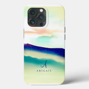 Funda Para iPhone 13 Pro Azul Artístico Abstracto Paisaje Monogramado