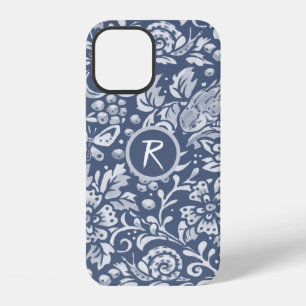 Funda Para iPhone 12 Azul Jardin Floral Pájaro Caracol Monograma Denim