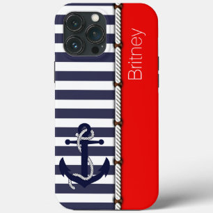 Funda Para iPhone 13 Pro Max Azul marino blanco raya rojo brillante personaliza