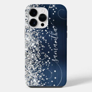 Funda Para iPhone 14 Pro Max Azul Marino Plateado Brillante Glam Curly Signatur