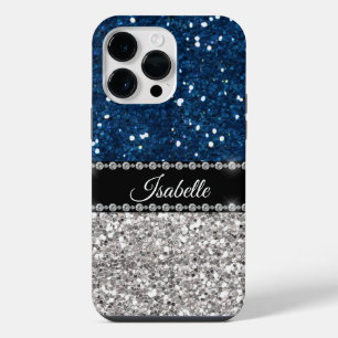 Funda Para iPhone 14 Pro Max Azul Marino Plateado Brillo Glam Personalizado