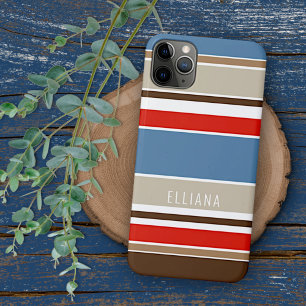 Funda Para iPhone 16 Pro Max Azul Náutico Beige Marrón Rojo Oscuro Blanco Rayas