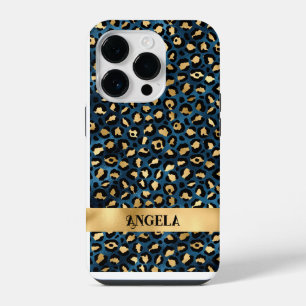 Funda Para iPhone 14 Pro Azul oscuro y leopardo dorado Glamuroso