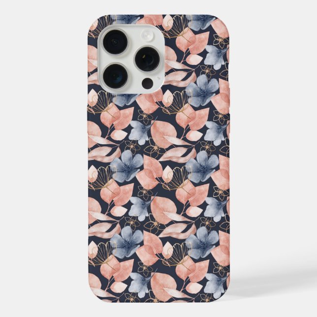 Funda Para iPhone Azul, Peach y Gold Florals Arte Botánico Elegante (Reverso )
