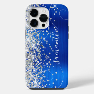 Funda Para iPhone 14 Pro Max Azul Real Plateado Brillante Glam Curly Signature