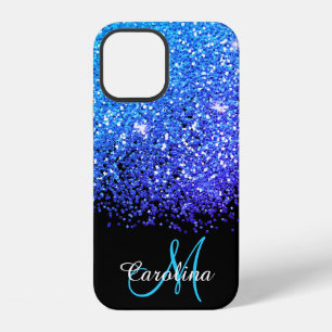 Funda Para iPhone 12 Azul, Turquesa, Brillo, Nombre y Monograma, Femeni