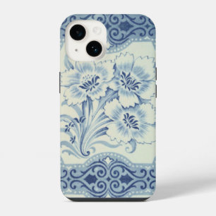 Funda Para iPhone 14 Azul y Blanco Floral Victoriano Majólica Antigua