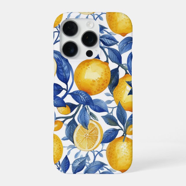 Funda Para iPhone Azulejo Lemons Blue Leaves (Reverso)