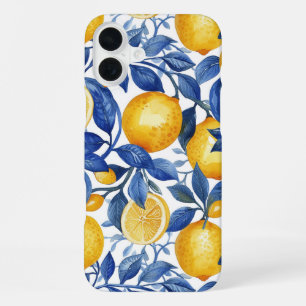 Funda Para iPhone 16 Plus Azulejo Limones Hojas Azules