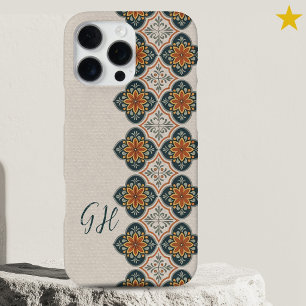 Funda Para iPhone 16 Pro Max Azulejos Portugueses Monograma Naranja Azul Verano