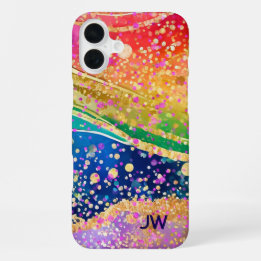 Funda Para iPhone 16 Plus Bañada de arcoiris intensa con iniciales