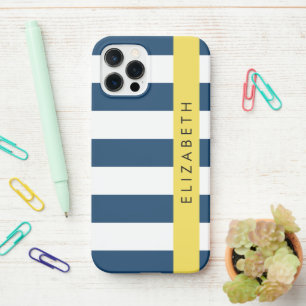 Funda Para iPhone 12 Pro Bandas azules de la marina, patrón rayado, tu nomb