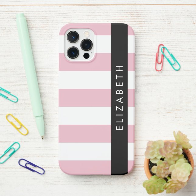 Funda Para iPhone Bandas rosadas, Patrón rayado, Líneas, Su Nombre (En el escritorio)