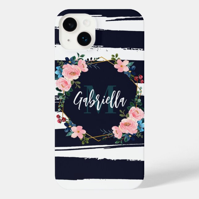 Funda Para iPhone Bandas Y Monograma Floral (Reverso )