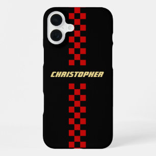 Funda Para iPhone 16 Plus Bandera de carreras de cuadros rojos y negros con 