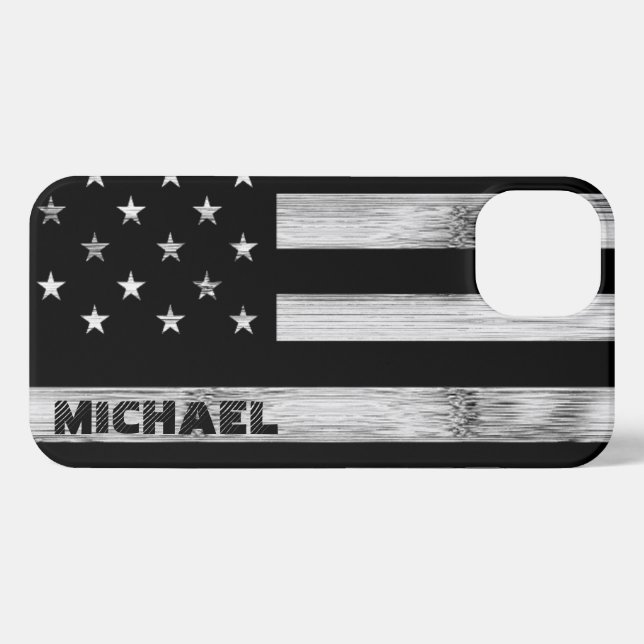 Funda Para iPhone Bandera estadounidense Monograma blanco negro de m (Reverso Horizontal)