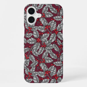 Funda Para iPhone 16 Plus Baya de acebo, hojas grises sobre rojo oscuro