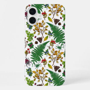 Funda Para iPhone 16 Plus Bayas forestales, hojas e insectos en blanco