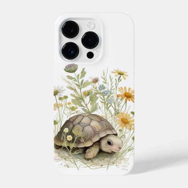 Funda Para iPhone Bebé adorable tortuga en flores silvestres (Reverso )