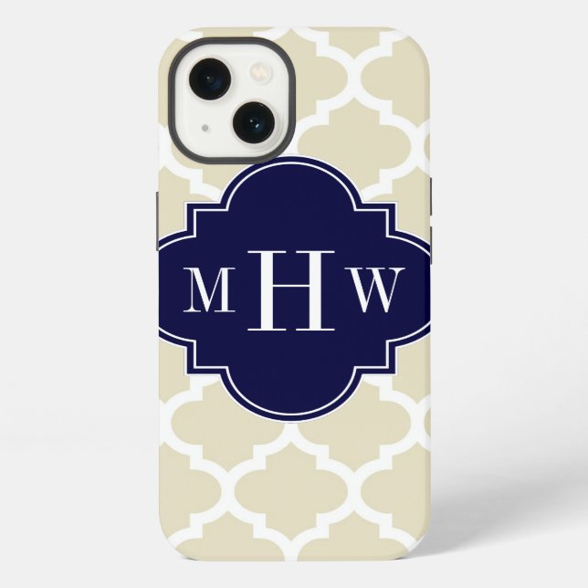 Funda Para iPhone Beige, White Moroccan #5 Navy 3 Initial Monogram (Reverso )
