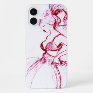 Funda Para iPhone 16 Plus BELLEZA CON VESTIDO ROSA Dibujo Rojo Blanco