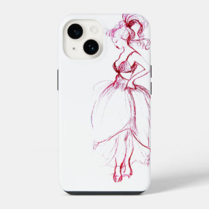 Funda Para iPhone 14 BELLEZA CON VESTIDO ROSA Dibujo Rojo Blanco