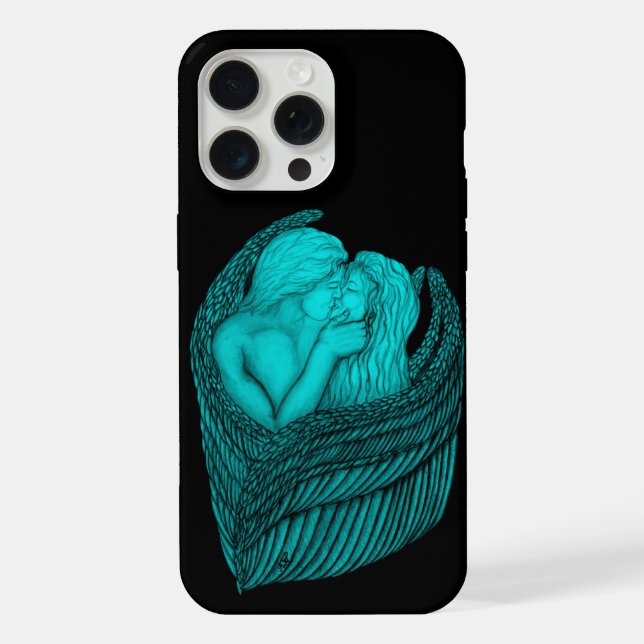 Funda Para iPhone Besada de ángeles , diseño negro y verde (Reverso )