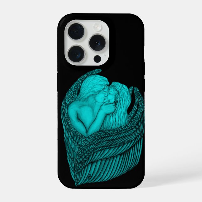 Funda Para iPhone Besada de ángeles , diseño negro y verde (Reverso )