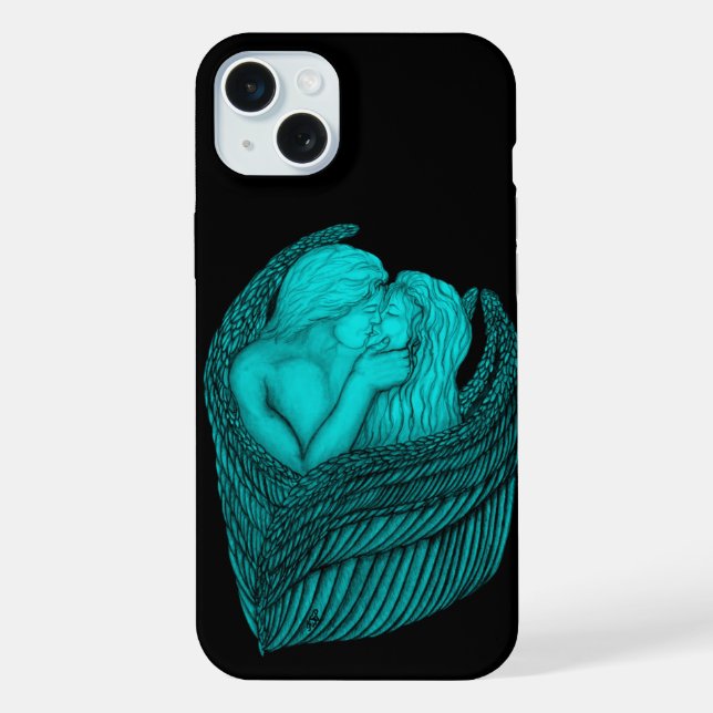 Funda Para iPhone Besada de ángeles , diseño negro y verde (Reverso )