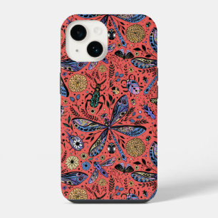 Funda Para iPhone 14 Bichos garabateados sobre rojo coral