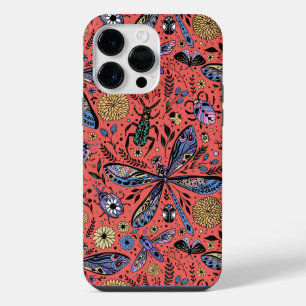 Funda Para iPhone 14 Pro Max Bichos garabateados sobre rojo coral