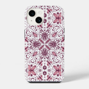 Funda Para iPhone 14 Bichos, magenta oscuro y rosa sobre blanco