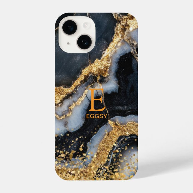 Funda Para iPhone Black marble chic gold glitter monogram (Reverso )