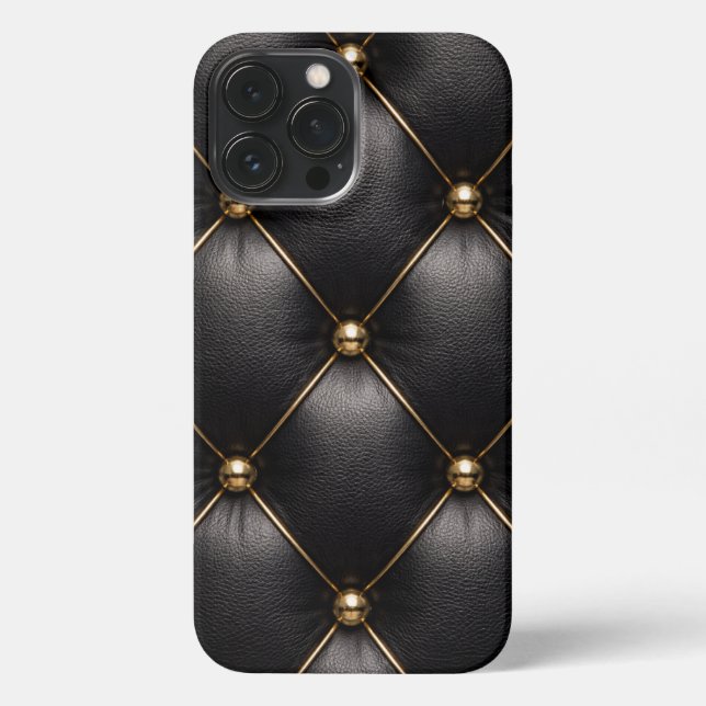 Funda Para iPhone Black Quilted Leather & Gold Studs Phone Case (Reverso )