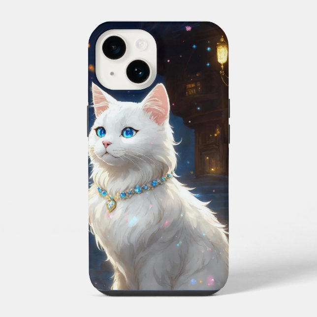 Funda Para iPhone blanco, ojos azules gato iPhone 14 Funda duro, bri (Reverso )