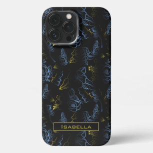 Funda Para iPhone 13 Pro Max Blossom floral patrón oro azul nombre personalizad
