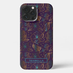 Funda Para iPhone 13 Pro Max Blossom floral patrón púrpura nombre personalizado