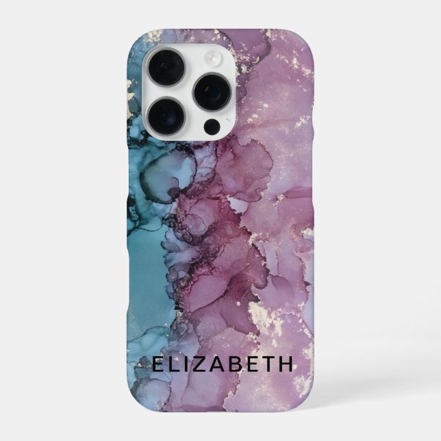 Funda Para iPhone blue and dusty pink gold marble  personalized  (Reverso)