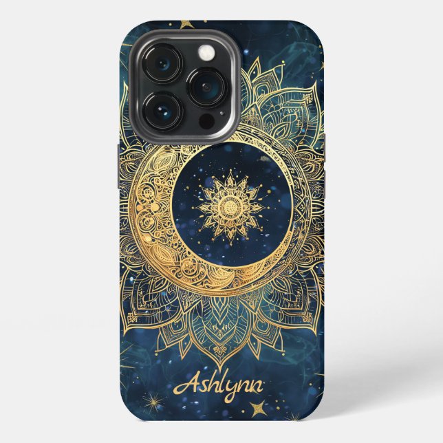 Funda Para iPhone Blue Celestial Gold Moon Mandala (Reverso )